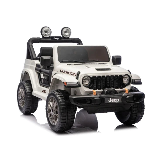White Jeep Rubicon-style ride-on vehicle, front 3/4 view with grille and headlights