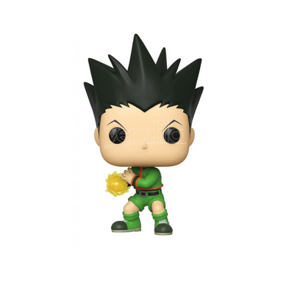 Gon Freecss vinyl figure, spiky black hair, green suit, holding yellow energy ball