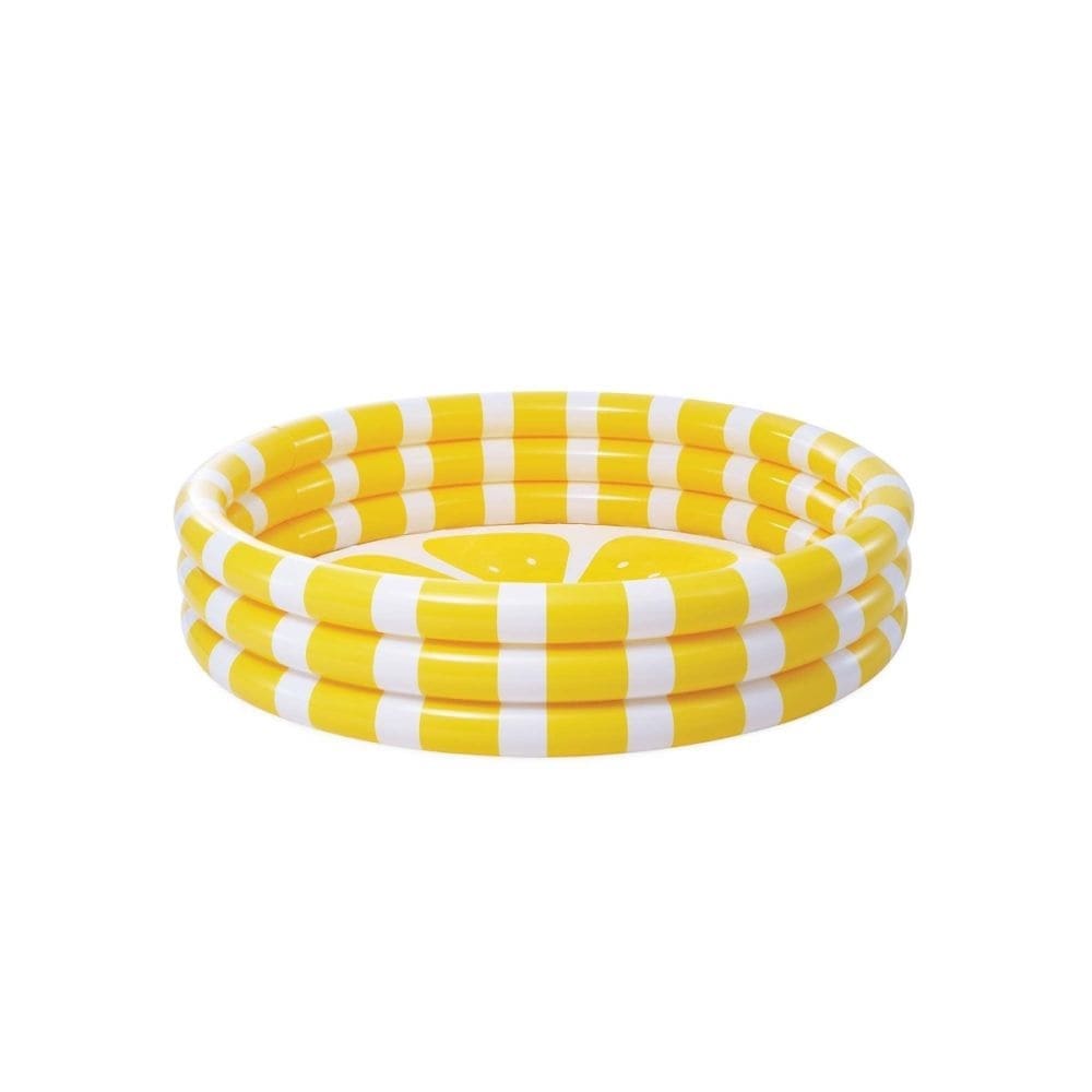Round inflatable yellow and white striped pool, thick raised rim