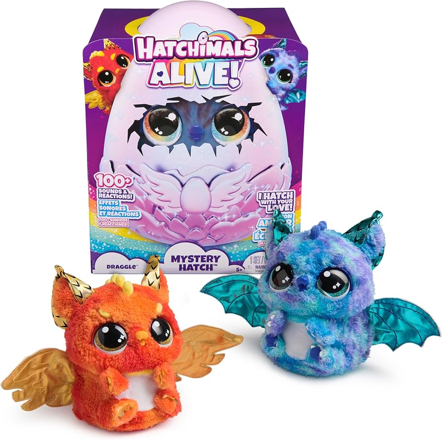 Blue and orange plush hatchimal figures with wings, shown with Mystery Hatch box.