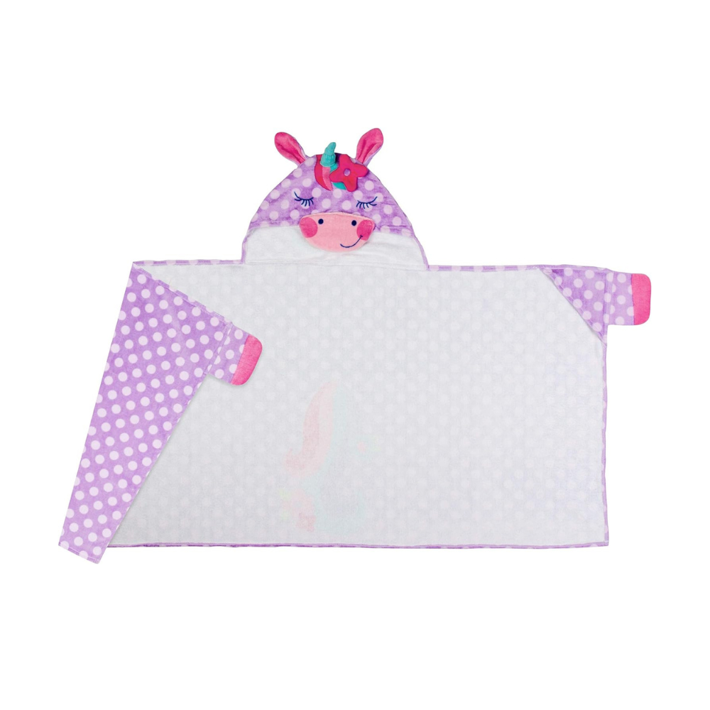 Unicorn hooded towel with purple polka-dot trim and pink horn on the hood