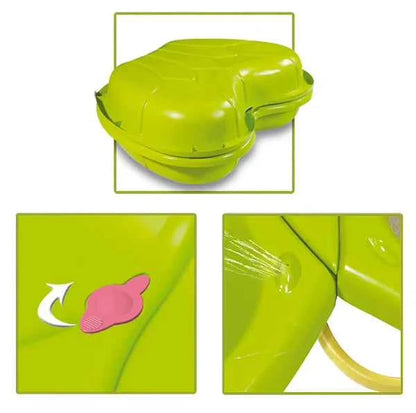 Lime green butterfly sand pit with hinged lid and printed butterfly graphic