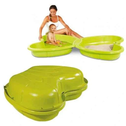Two-basin butterfly-shaped sand pit with hinged lid, for kid play