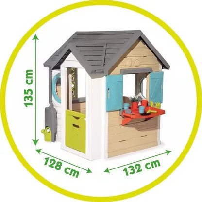 Garden playhouse size diagram: 133 cm height, 128 cm width, 132 cm depth