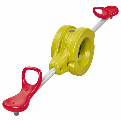 Kids water seesaw play toy with yellow wheel, red seats, and white bar