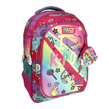 Primary school backpack, multicolor K-pop design with side mesh and round zip pouch