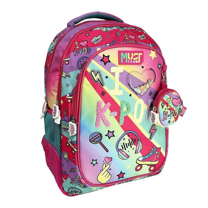 Primary school backpack, multicolor K-pop design with side mesh and round zip pouch