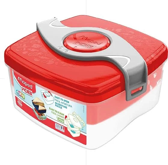 Red medium lunch box with gray latch, Maped Picnik logo and artwork panel