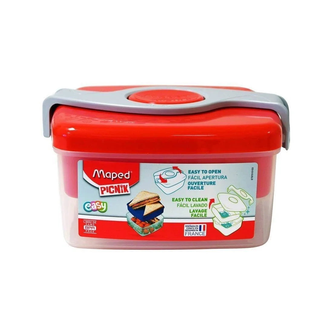 Red medium lunch box with hinged lid and handle, Maped Picnik label