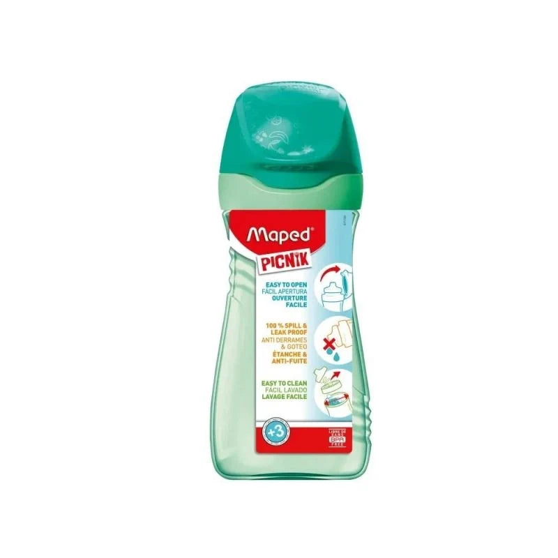 Green plastic water bottle with Maped Picnic label and screw cap