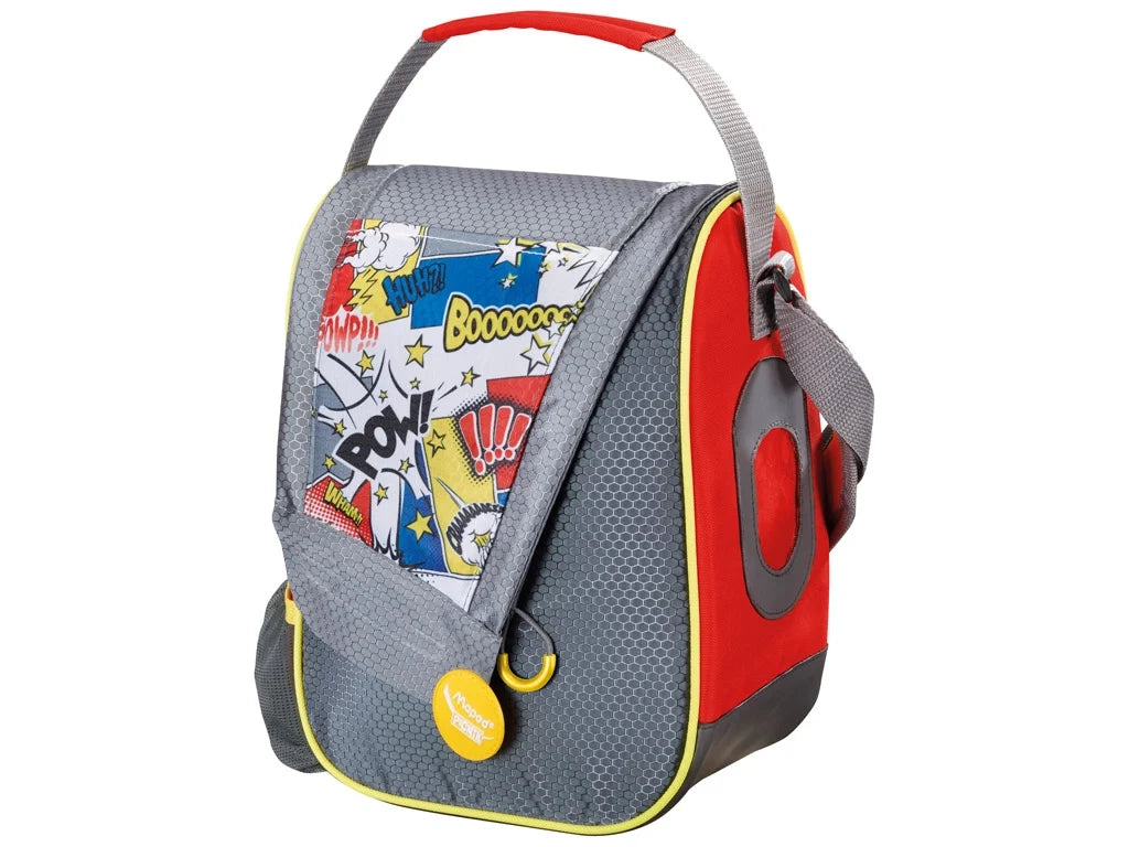 Grey and red lunch bag with comic pop-art front panel and zipper pocket