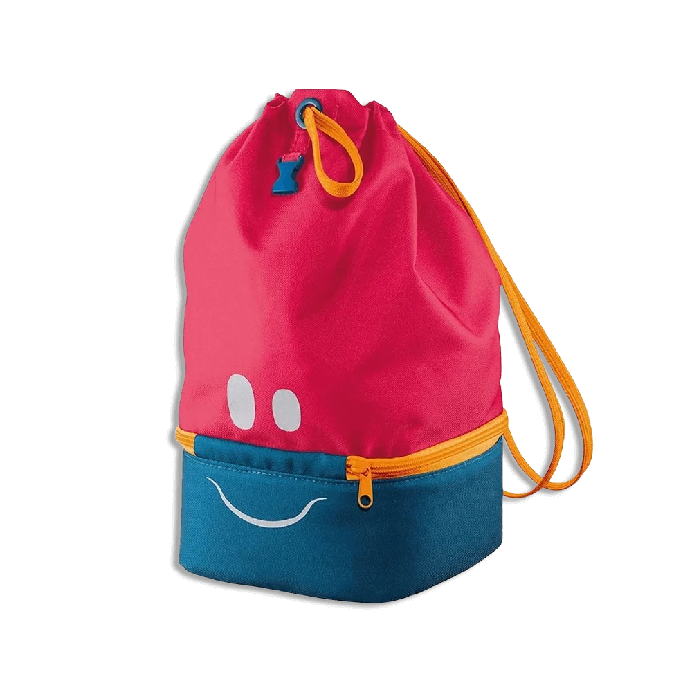 Red and blue drawstring lunch bag with cute face and front zipper pocket