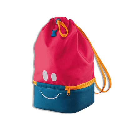 Red and blue drawstring lunch bag with cute face and front zipper pocket