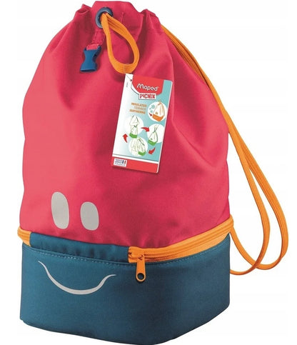 Red drawstring lunch bag with blue bottom, smiling face, and hanging product tag