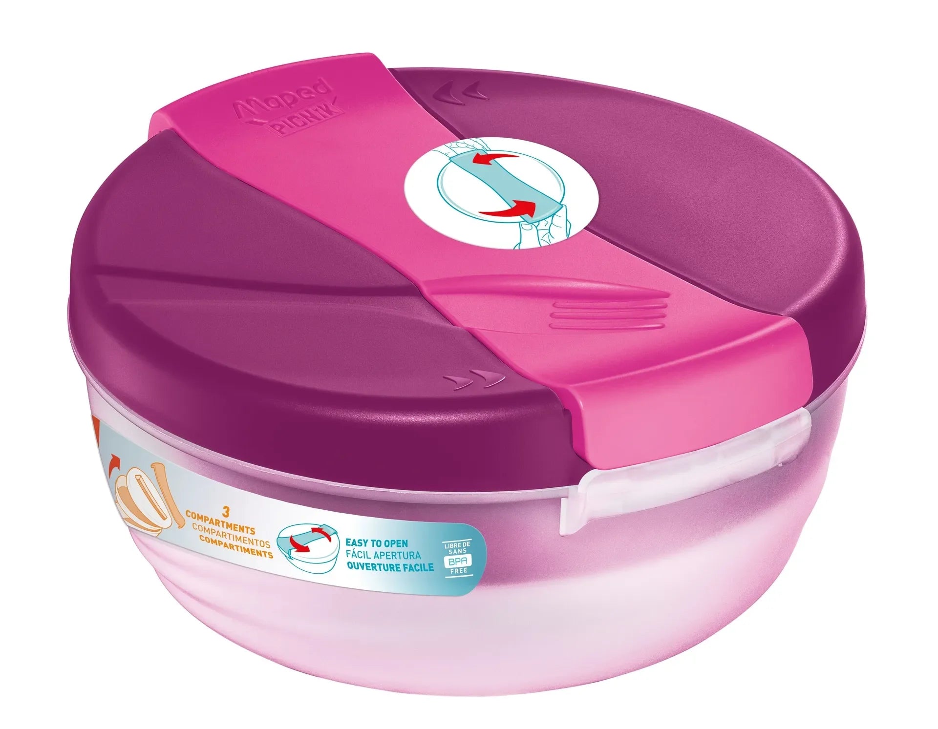 Maped Picnik large pink lunch bowl with hinged lid and fork icon, round container