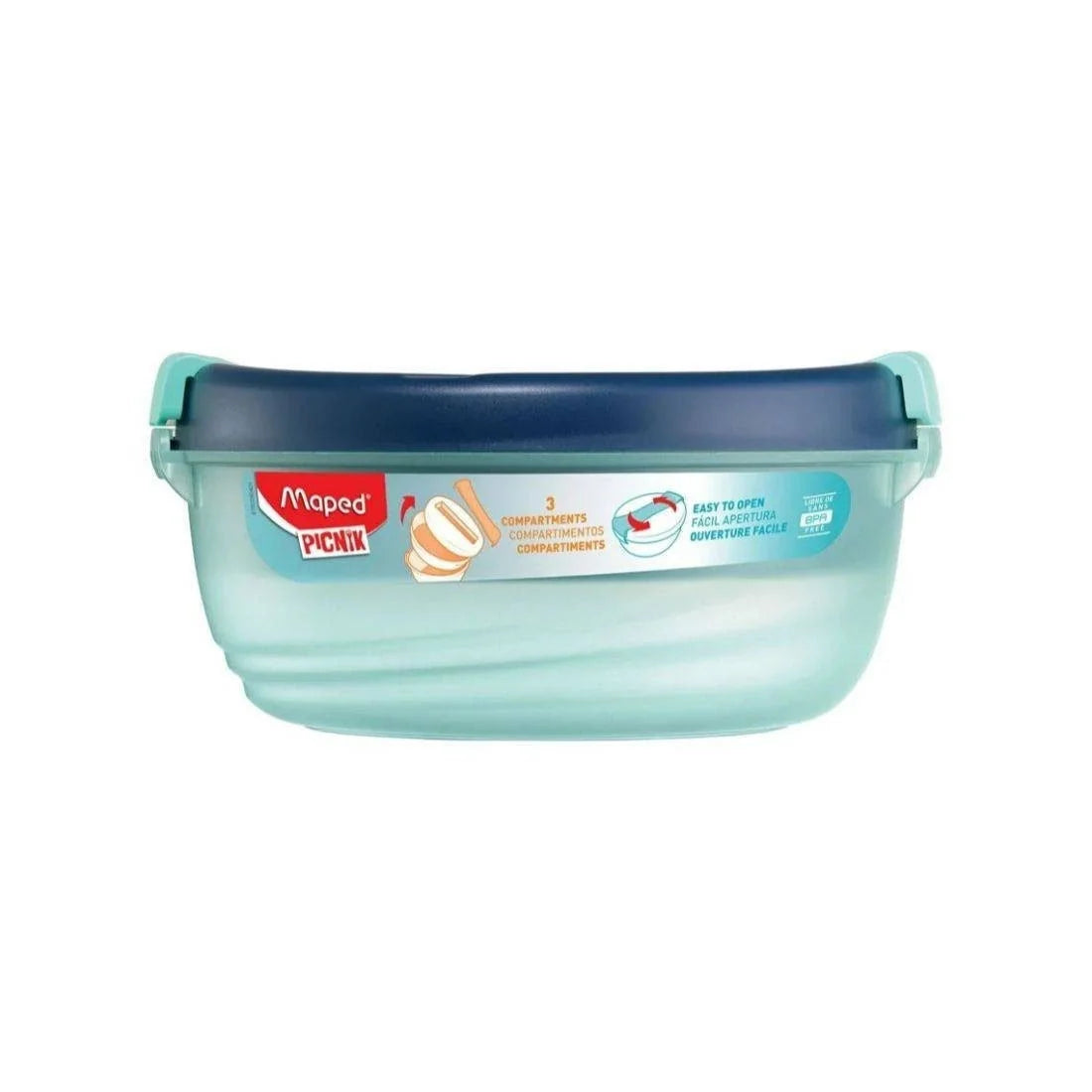 Large lunch bowl with dark blue lid and mint body, snap-shut compartments.