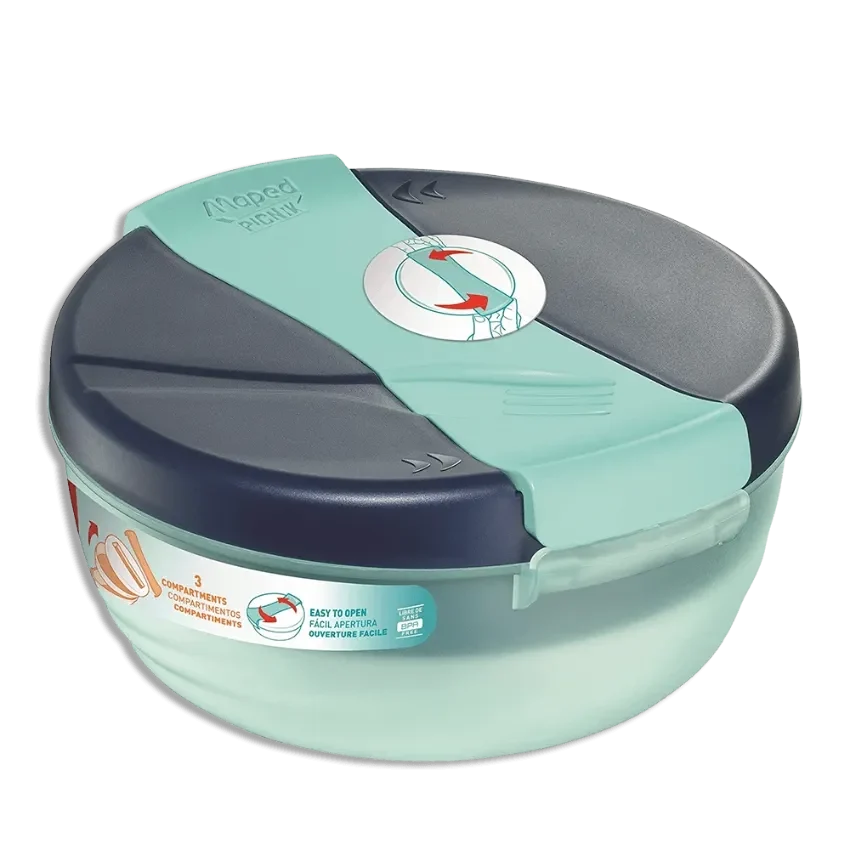 Large lunch bowl with dark blue lid, mint base, easy-open tab on top.