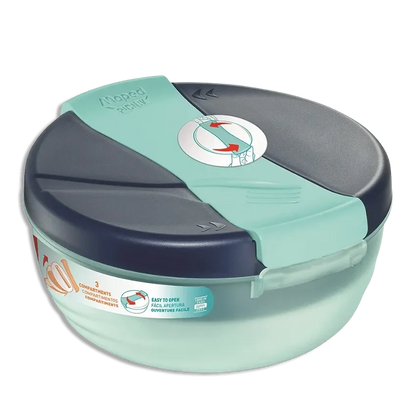 Large lunch bowl with dark blue lid, mint base, easy-open tab on top.