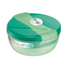 Large green lunch bowl with hinged lid and transparent base