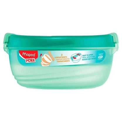 Large green lunch bowl with latch handle and 3-compartment design