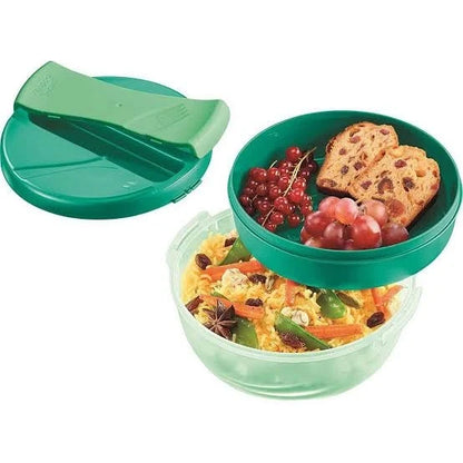 Large green lunch bowl with open lid showing food in sections