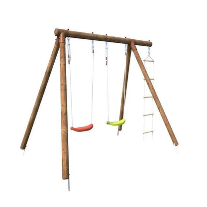 Wooden swing set with two colorful swing seats and a hanging ladder on right.