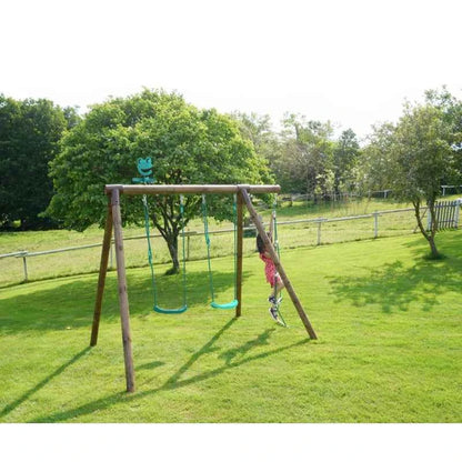 Outdoor wooden swing set with multiple swings and a ladder, set on a lawn.