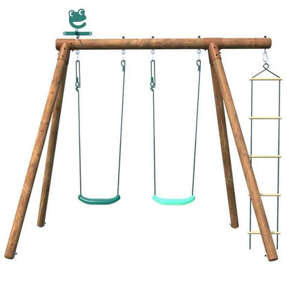 Wooden swing set frame with two swing seats, chains, and side ladder rung.