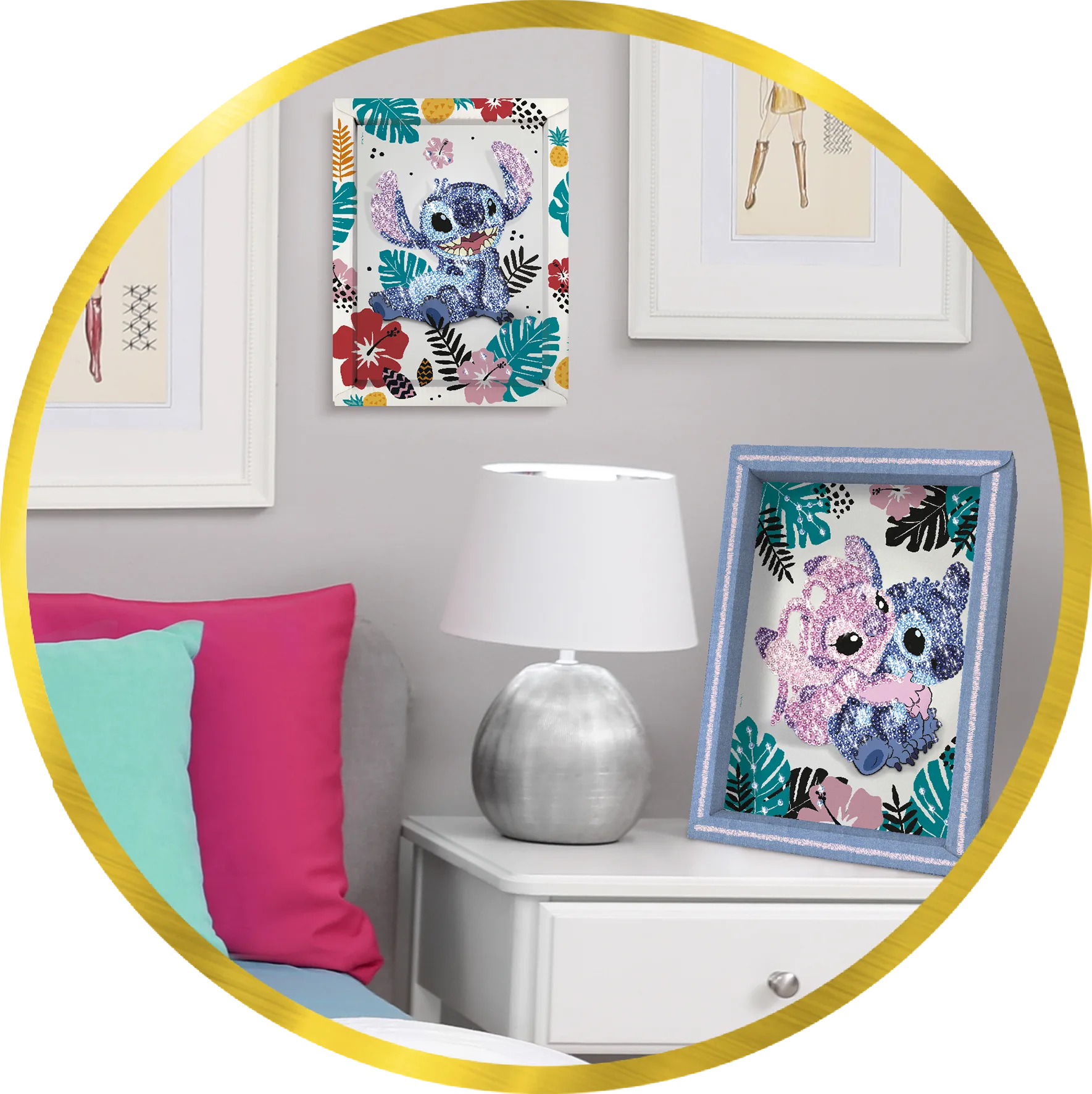 Framed sequined Stitch aloha-style wall art with tropical flowers and palm leaves