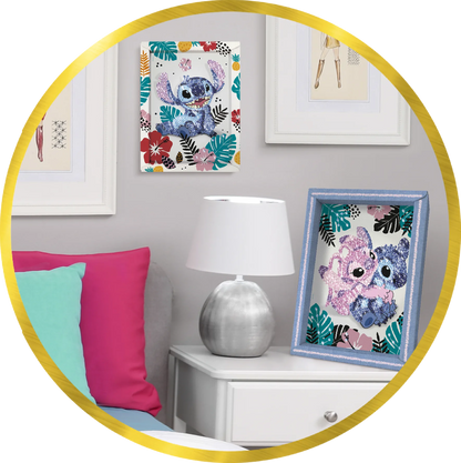 Framed sequined Stitch aloha-style wall art with tropical flowers and palm leaves