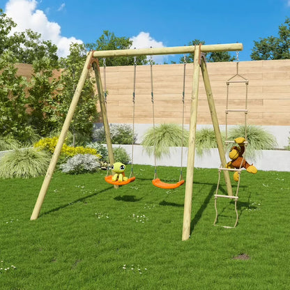 Wooden swing set with orange seat swings, rope ladder, and hanging toy swing