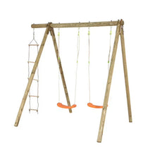 Wooden swing set with A-frame, orange seat swings, and rope ladder with hanging bars