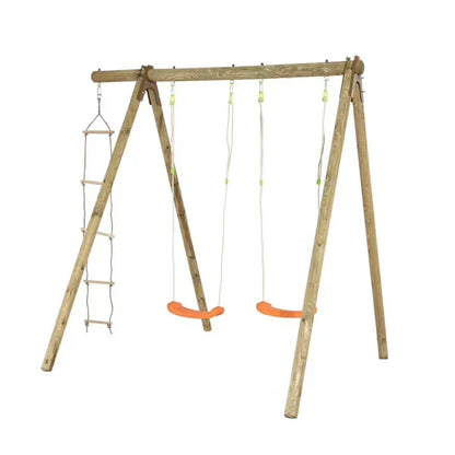 Wooden swing set with two orange seats and hanging ropes