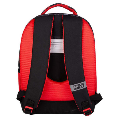 Red and black superhero backpack with padded back panel and adjustable shoulder straps