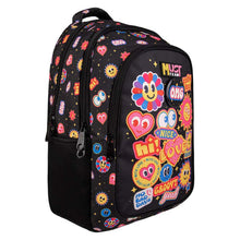 Black kids school backpack with colorful sticker graphics and front zip pocket