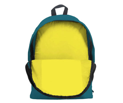 Teal backpack open view showing bright yellow padded interior