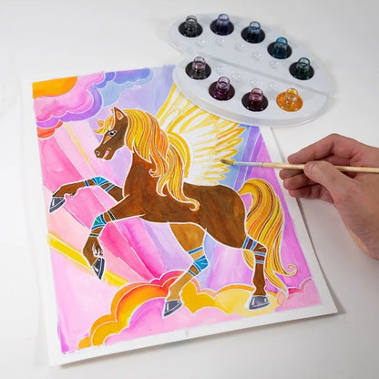Pegasus watercolor painting card with hand holding brush and round paint pots