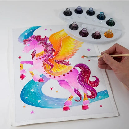 Unicorn and Pegasus watercolor painting board with paint pots and hand