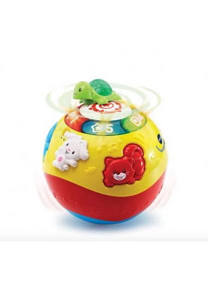 Colorful crawl-and-learn light-up ball toy with turtle on top and animal faces