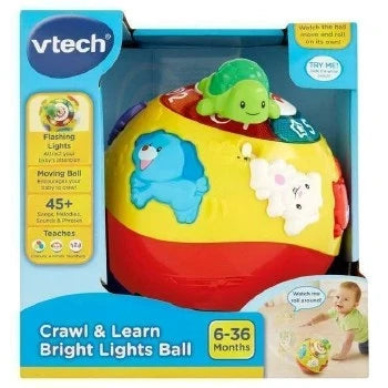 Pink crawl-and-learn light-up ball toy with flashing lights and animal figures