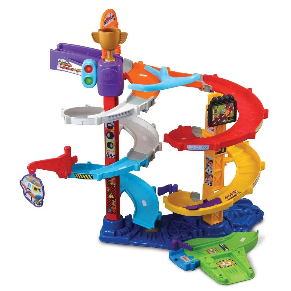 Twist & Race Tower with purple tower, red/orange track turns, and toy cars.