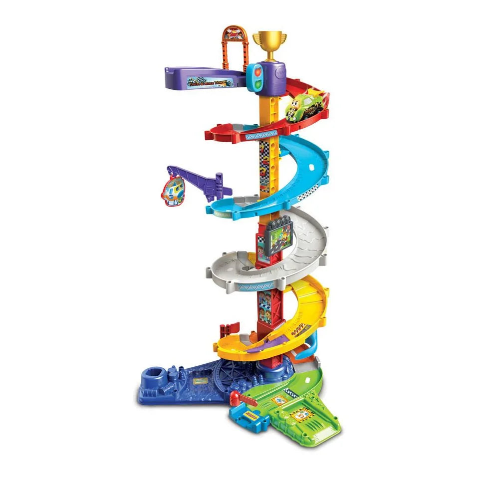 Twist & Race Tower with white spiral platform, blue lanes, and green car base.