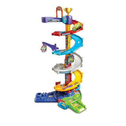 Twist & Race Tower with white spiral platform, blue lanes, and green car base.