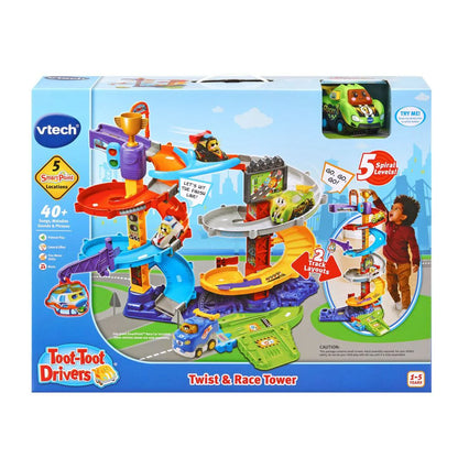Toot-Toot Twist & Race Tower playset with colorful tracks and toy cars.