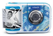 Blue and white kids video camera with graffiti-style print and large lens