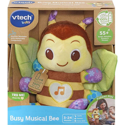 Plush bee toy with big eyes, purple wings, and heart-shaped music patch
