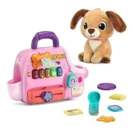 Pink VTech puppy carrier toy with handle, colorful keys, plus plush puppy and parts