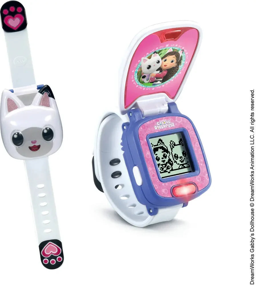 Kids digital watch with white paw strap, blue bezel, pink character screen cover