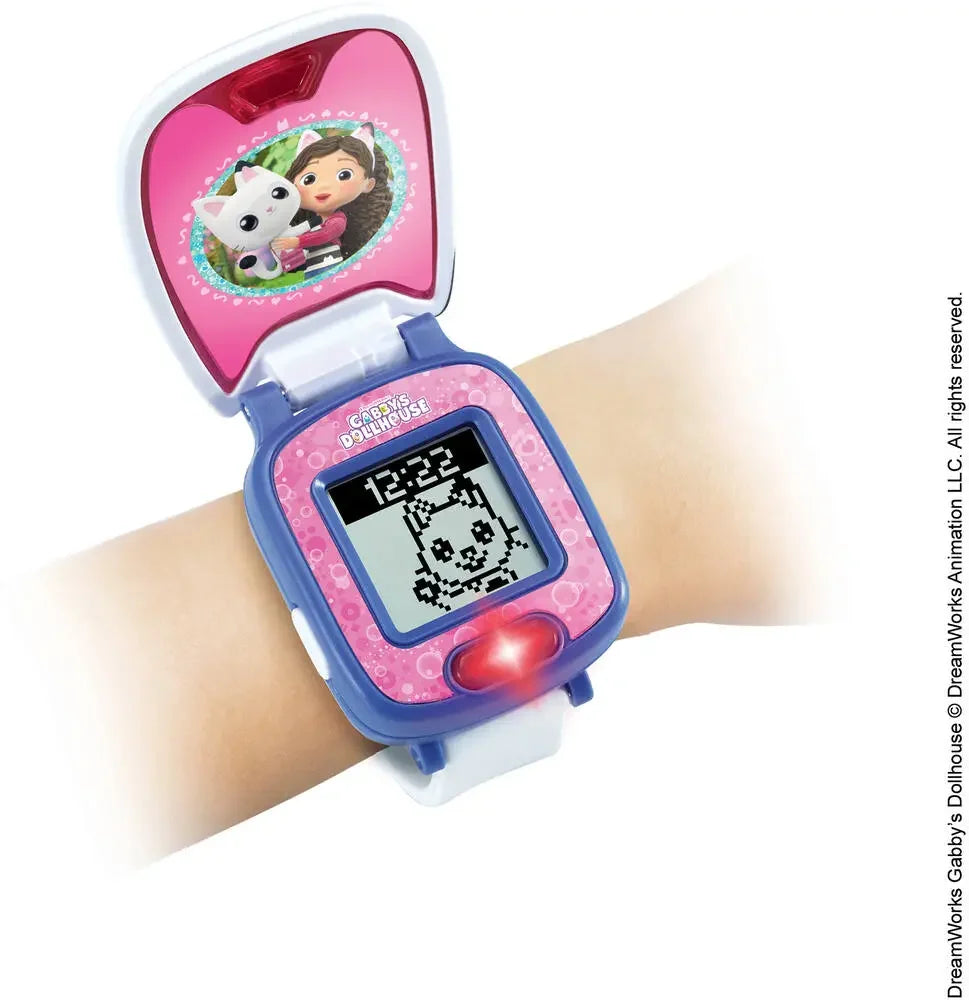 Kids digital watch on wrist, white strap, blue frame, pink character display cover