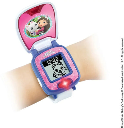 Kids digital watch on wrist, white strap, blue frame, pink character display cover